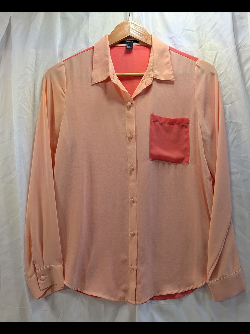 Forever 21 Two-Tone Sheer Peach Button-Up Blouse with Coral Pocket Size Small